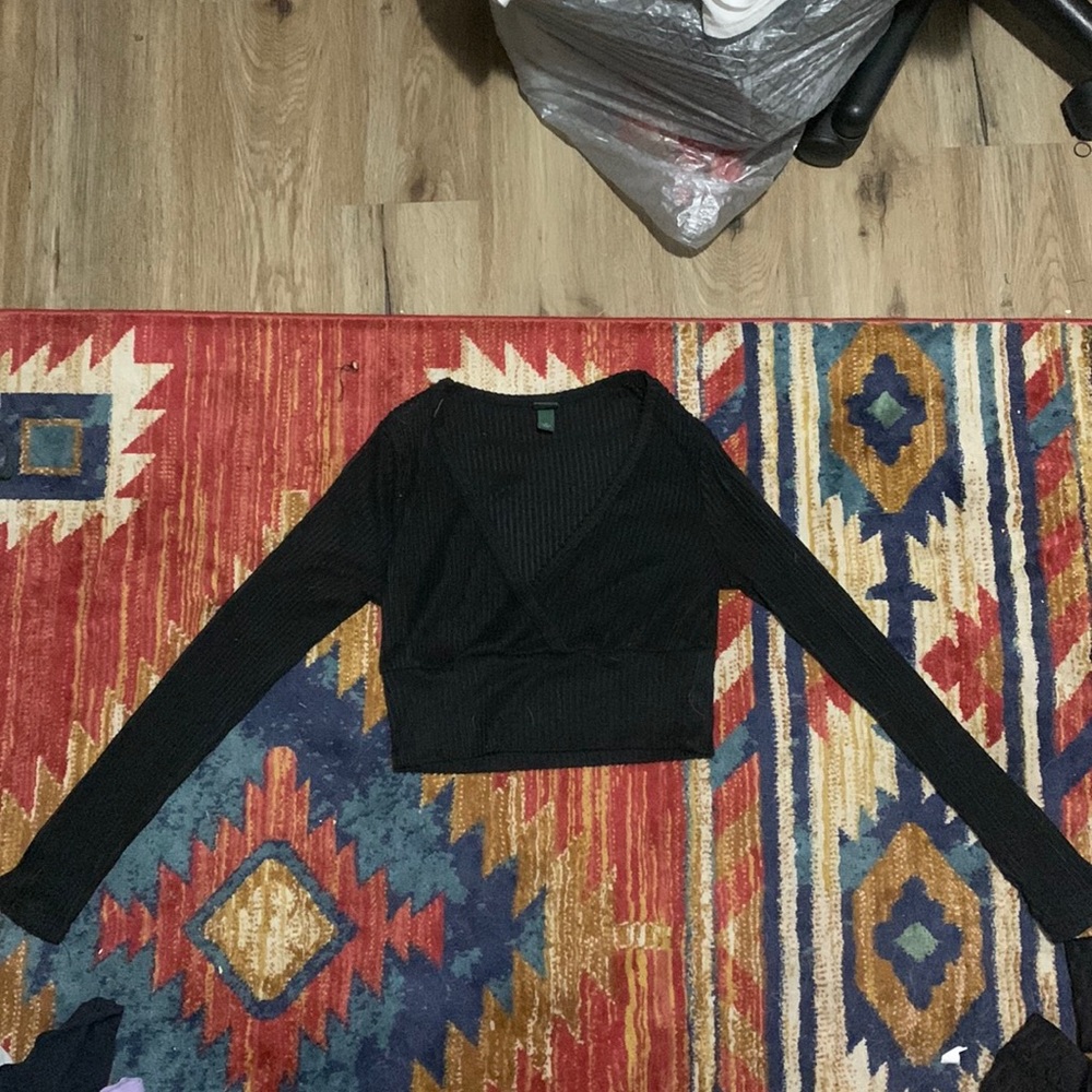 Black long sleeve crop top with low cut V neckline